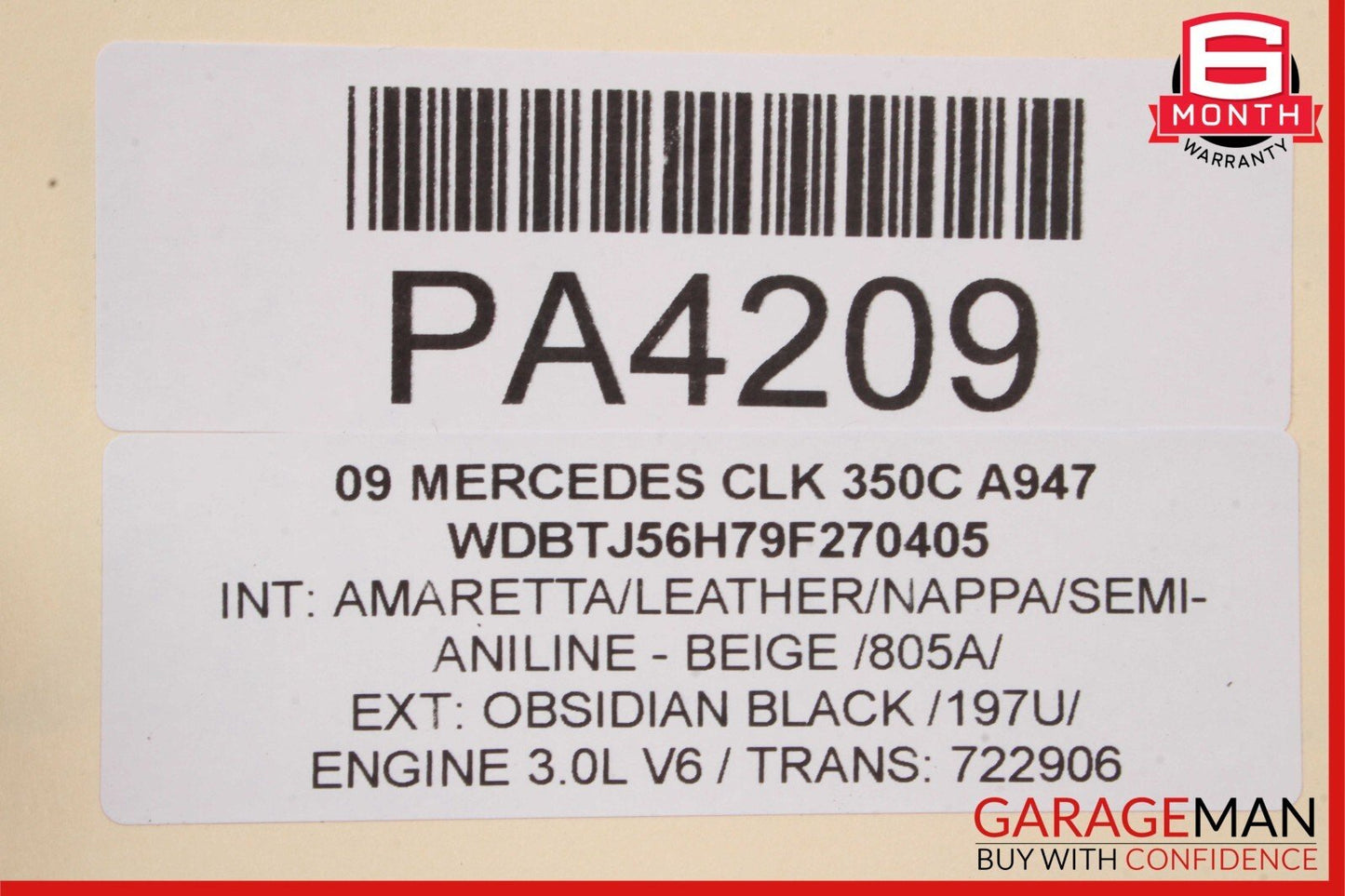06-09 Mercedes W209 CLK350 Rear Right Interior Upper Door Quarter Panel Beige