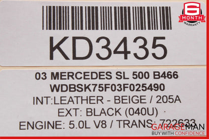 03-12 Mercedes R230 SL500 SL55 Convertible Top Right Side Load Assist Cylinder