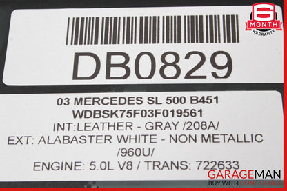 03-12 Mercedes R230 SL500 Rear Back Windshield Glass Assembly OEM