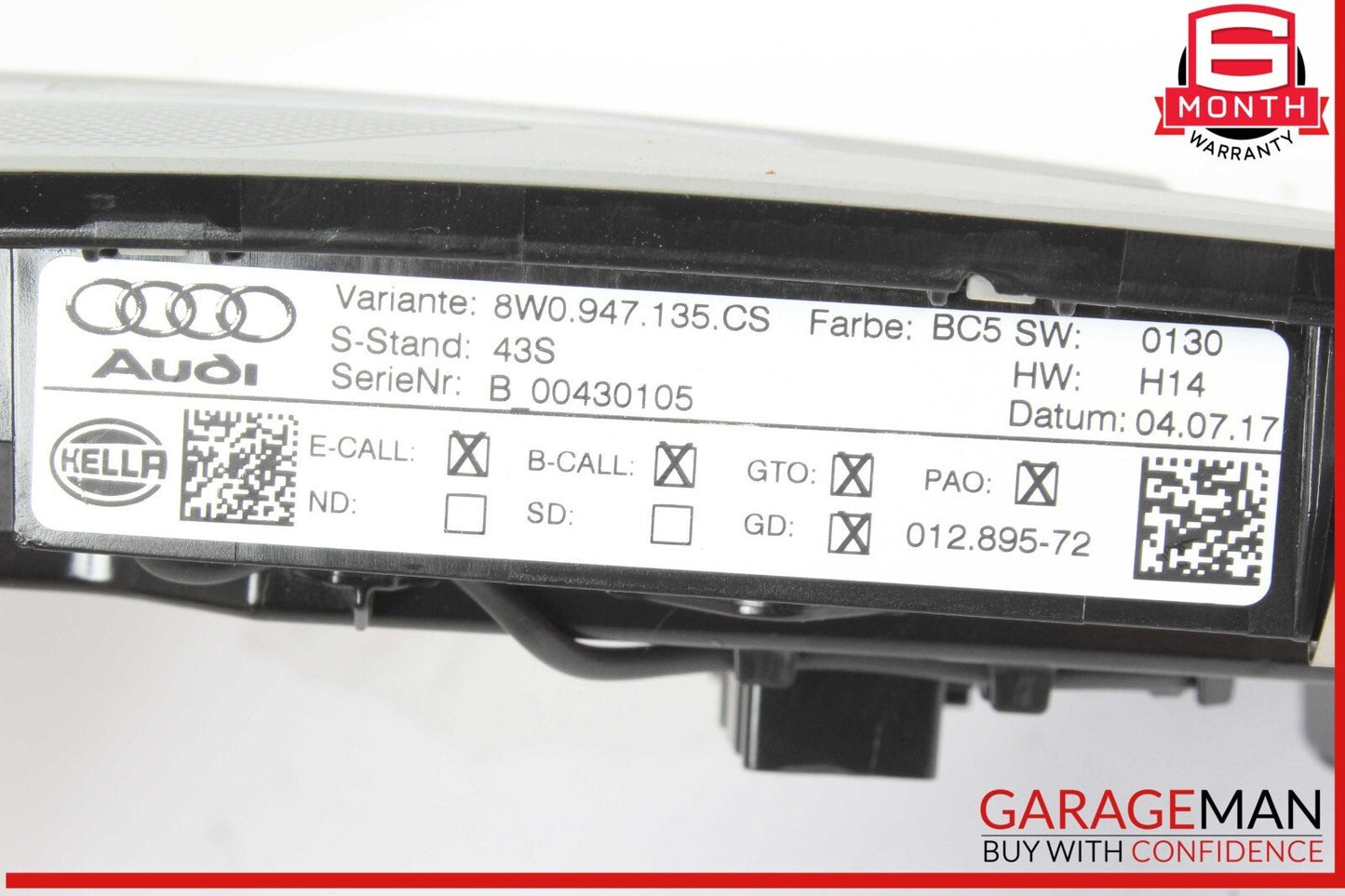 17-19 Audi A4 Allroad Front Console Overhead Dome Light 8W0947135CS OEM