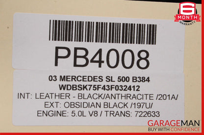 03-08 Mercedes R230 SL500 SL600 Front Hood Bonnet Vent Cover Assembly Black