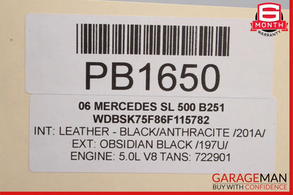 03-08 Mercedes R230 SL500 Convertible Rear Left Side Roof Top Hinge Cover Black