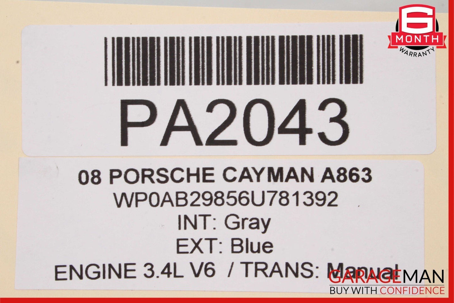 05-08 Porsche Boxster Cayman 987 Front Right Exterior Door Shell Frame Silver