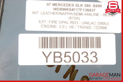 05-11 Mercedes R171 SLK280 Rear Left Side Door Quarter Window Glass OEM