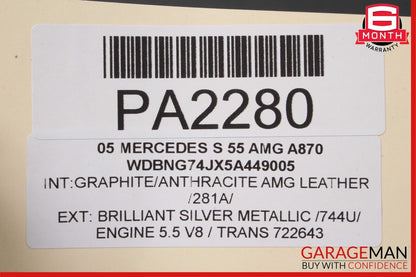 03-06 Mercedes W220 S55 AMG Front Left / Right Top Upper Seat Cushion Black
