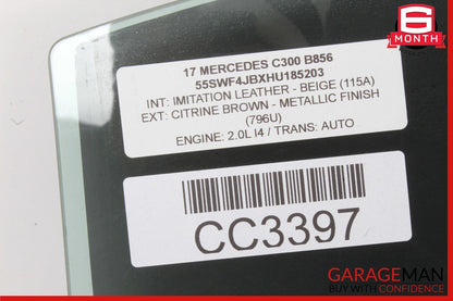 15-21 Mercedes W205 C300 C400 Rear Right Side Door Window Glass OEM