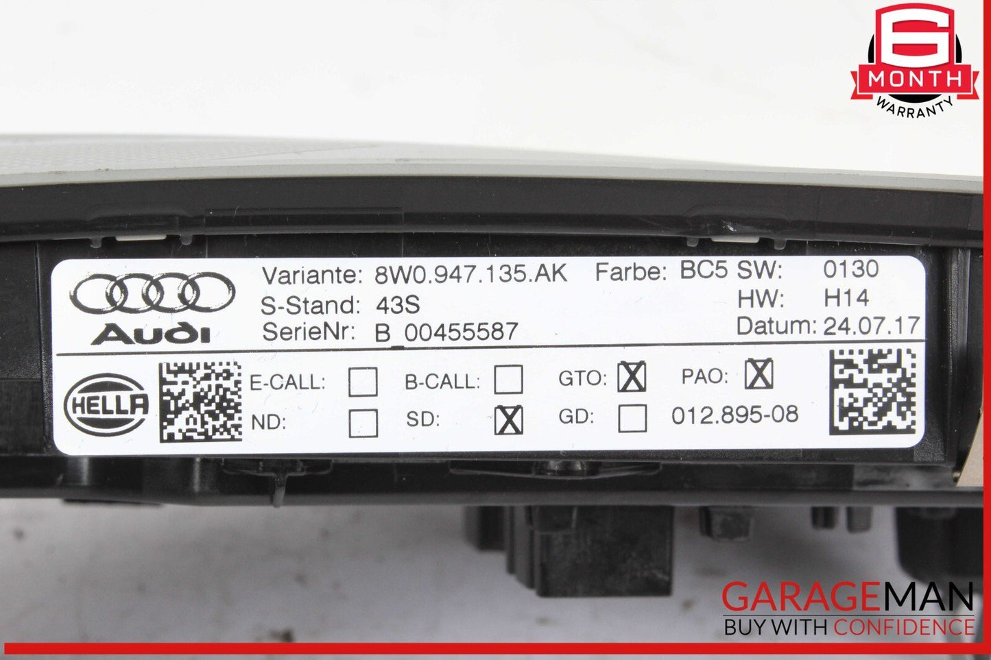 17-19 Audi A4 Quattro Front Console Overhead Dome Light 8W0947135AK OEM