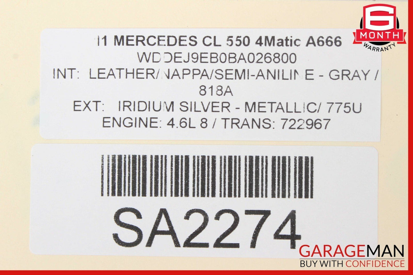 07-14 Mercedes W216 CL550 Front Right Passenger Side Interior Door Panel Gray