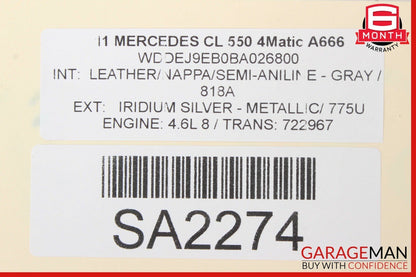 07-14 Mercedes W216 CL550 Front Right Passenger Side Interior Door Panel Gray