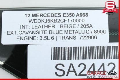 10-13 Mercedes W207 E350 E550 Coupe Rear Right Side Quarter Window Glass OEM