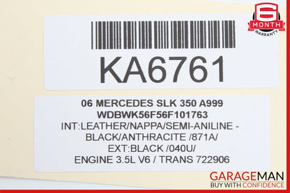 05-11 Mercedes R171 SLK350 Rear Left Side Window Roof C Pillar Panel Black