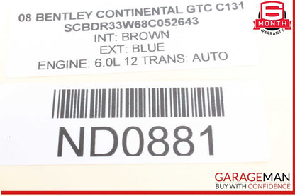 07-11 Bentley Continental GTC Rear Right Air Ride Air Shock Strut 3W7616002A OEM