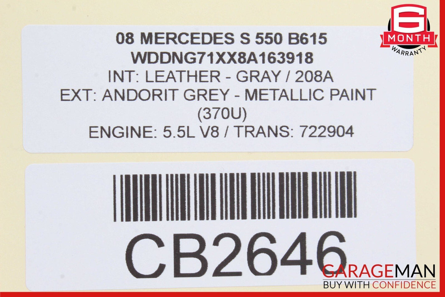 07-09 Mercedes W221 S550 S63 AMG Interior Top Upper Rear View Mirror Gray OEM