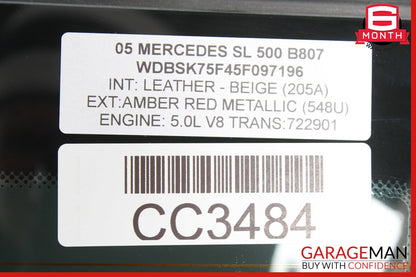 03-11 Mercedes R230 SL500 SL65 AMG Rear Windshield Back Window Auto Glass