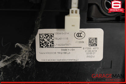 17-23 Tesla Model 3 Rear Left Interior Door Panel OEM