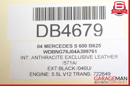 03-06 Mercedes W220 S600 Front Left or Right Top Upper Seat Cushion Black OEM