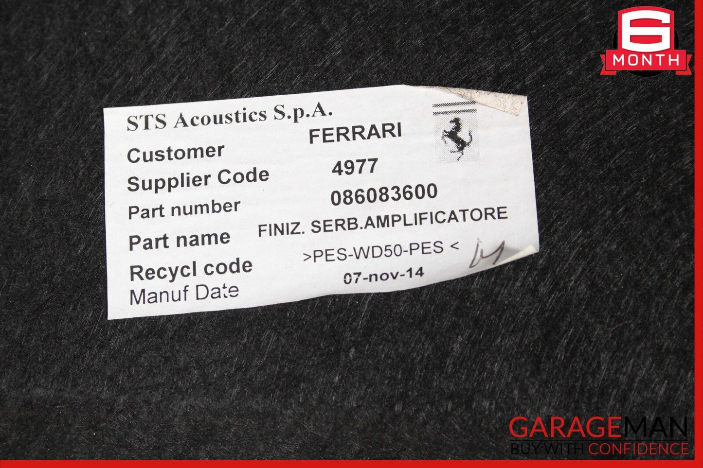 15-18 Ferrari California Rear Carpet Liner Panel Cover 086083600 OEM