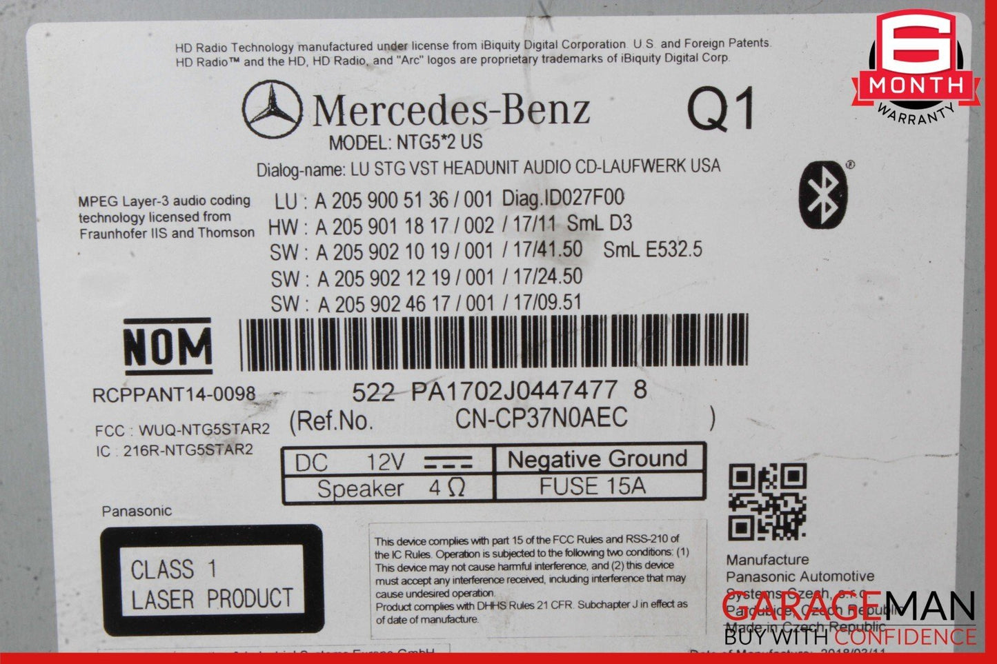 15-18 Mercedes W205 C300 AM FM CD Player Radio Receiver Module Unit
