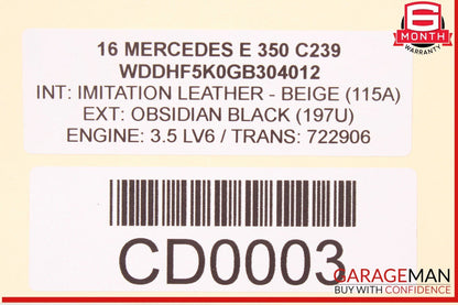 10-16 Mercedes W212 E350 E63 AMG Sedan Rear Left Side Door Shell Black OEM