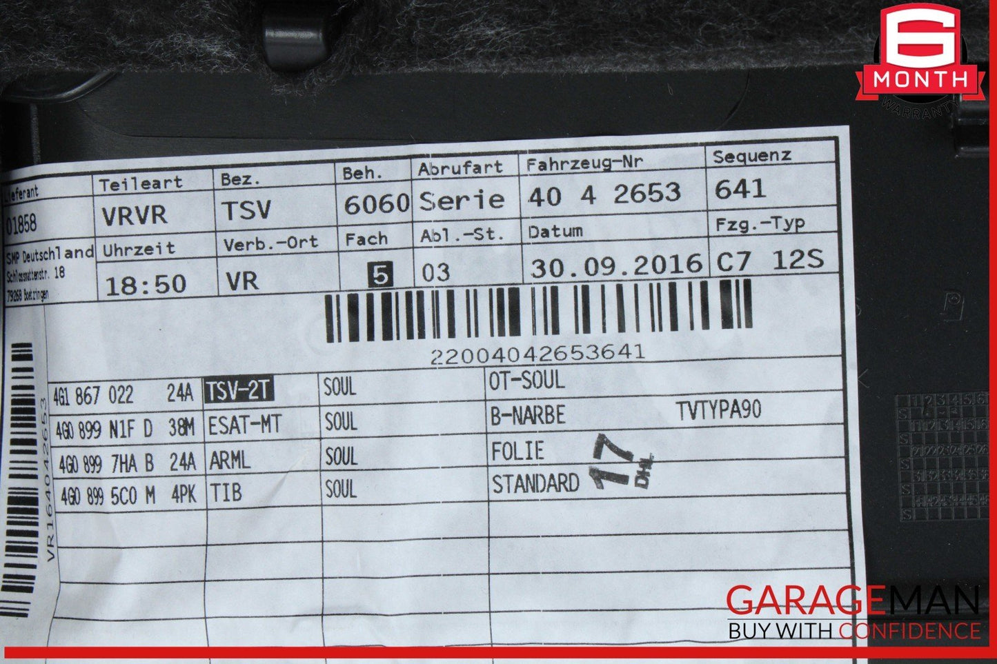 12-18 Audi A6 S6 Front Right Passenger Side Interior Door Panel 4G1867022 OEM