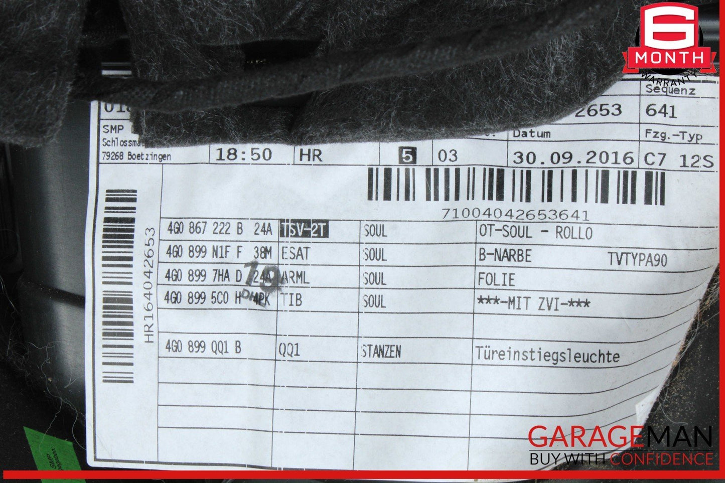 12-18 Audi A6 S6 Rear Right Passenger Side Interior Door Panel 4G0867222 OEM