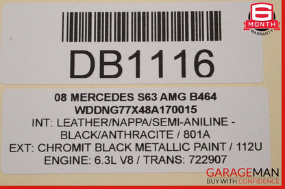 07-13 Mercedes W221 S63 AMG Rear Seat Cushion Top Upper Assembly Black OEM