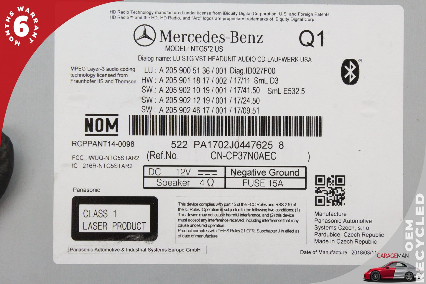 15-18 Mercedes W205 C300 AM FM CD Player Radio Receiver Module Unit