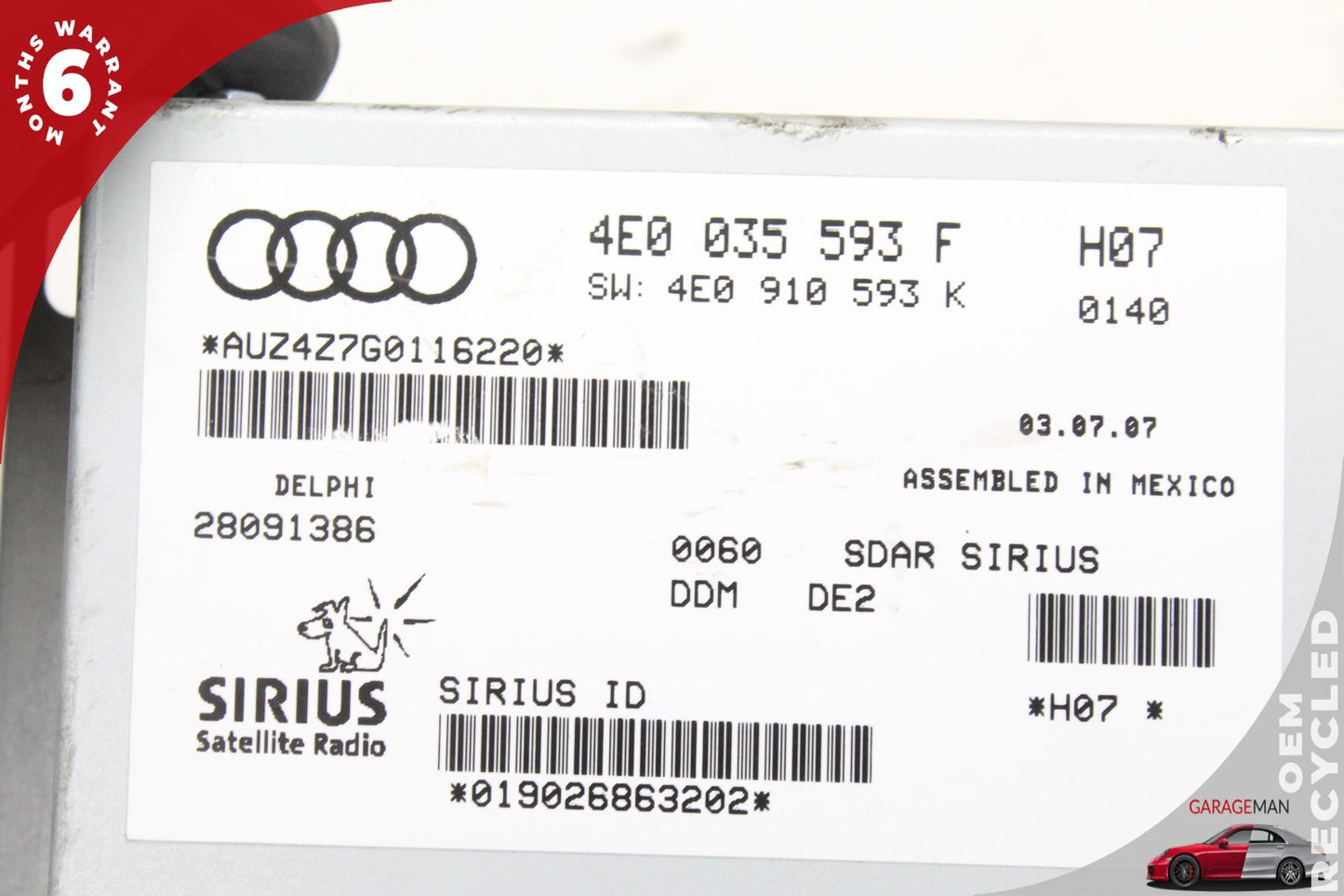 2007-2009 Audi Q7 MPV Sirius Satellite Radio Receiver 4E0035593F Genuine