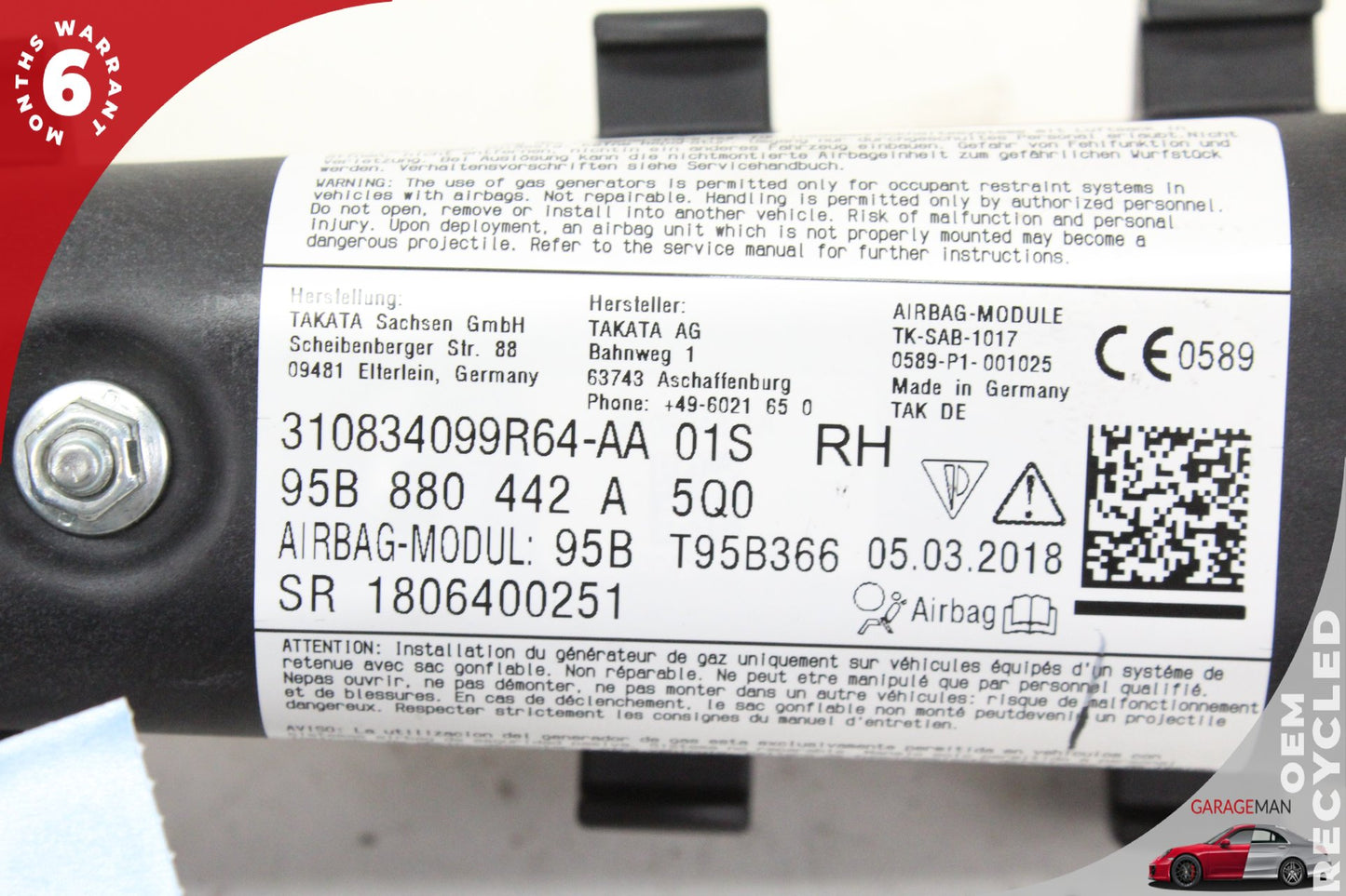 2015-2024 Porsche Macan 95B Rear Right Passenger Side Seat Airbag 95B880442A OEM