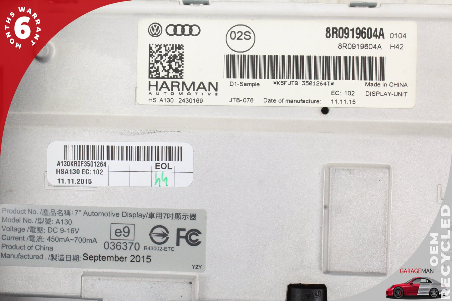 2013-2016 Audi SQ5 8R SUV Info Navigation Display 8R0919604A