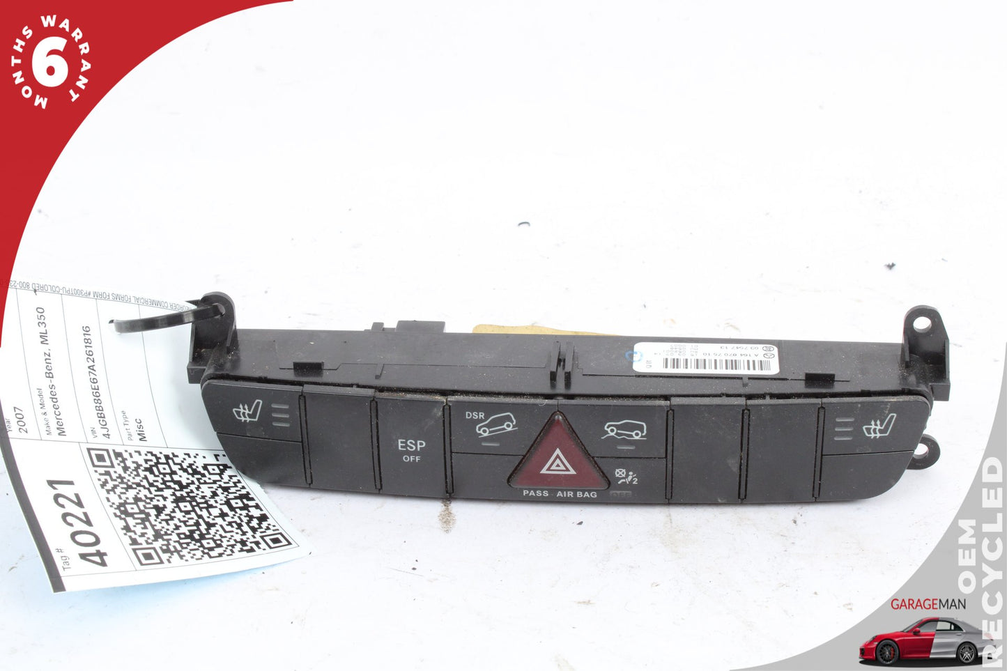 2006-2012 Mercedes W164 ML350 Hazard Switch Control Panel 1648707510 OEM