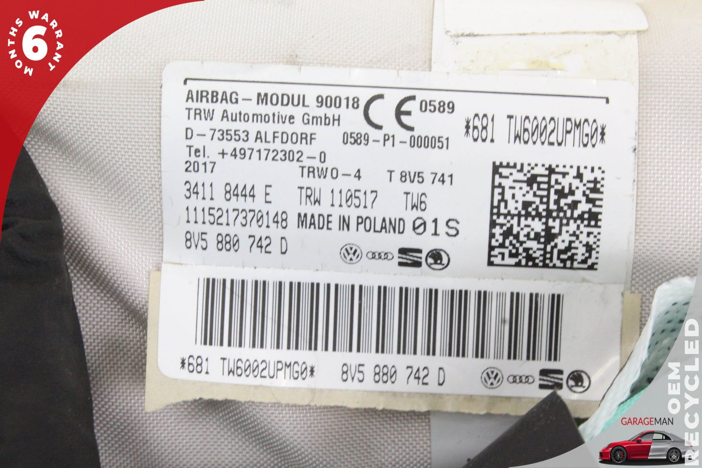 15-20 Audi A3 8V Sedan Right Passenger Side Upper Roof Curtain Airbag 8V5880742D
