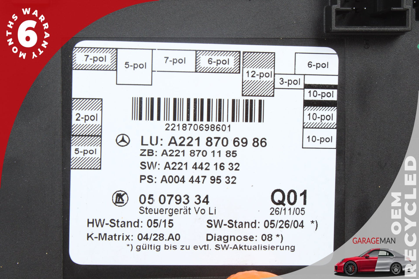 07-09 Mercedes-Benz S550 W221 Right Rear Door Control Module 2218706986 OEM