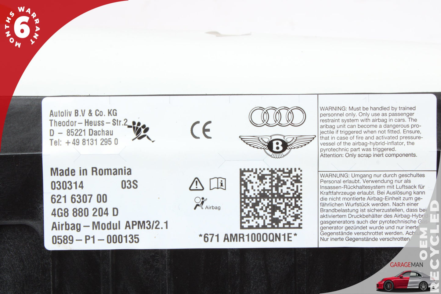 2012-2018 Audi A6 A7 Front Right Passenger Side Dash Airbag 4G8880204D OEM