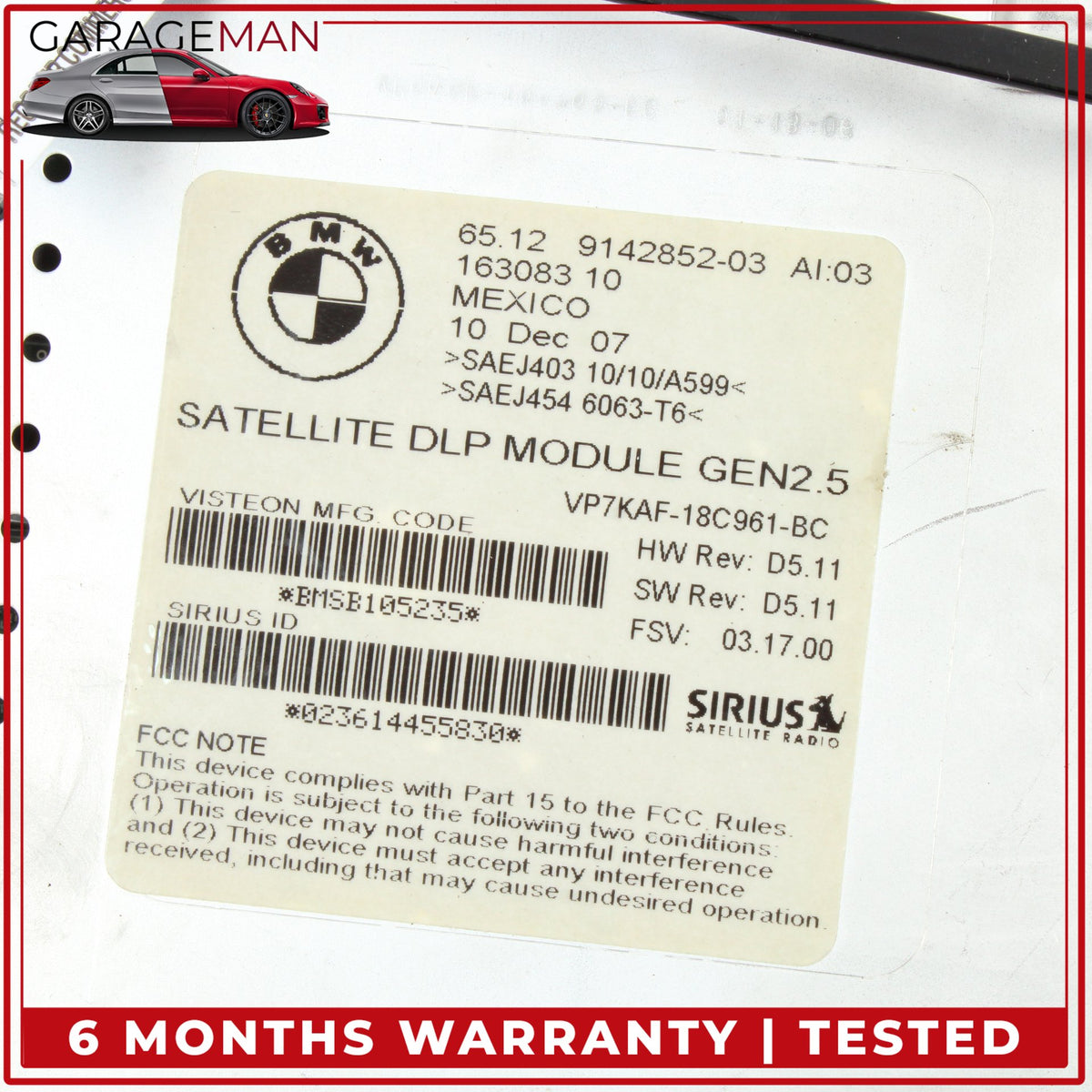 2006-2010 BMW 335i E90 Sirius Satellite Radio Receiver 65129192274 OEM