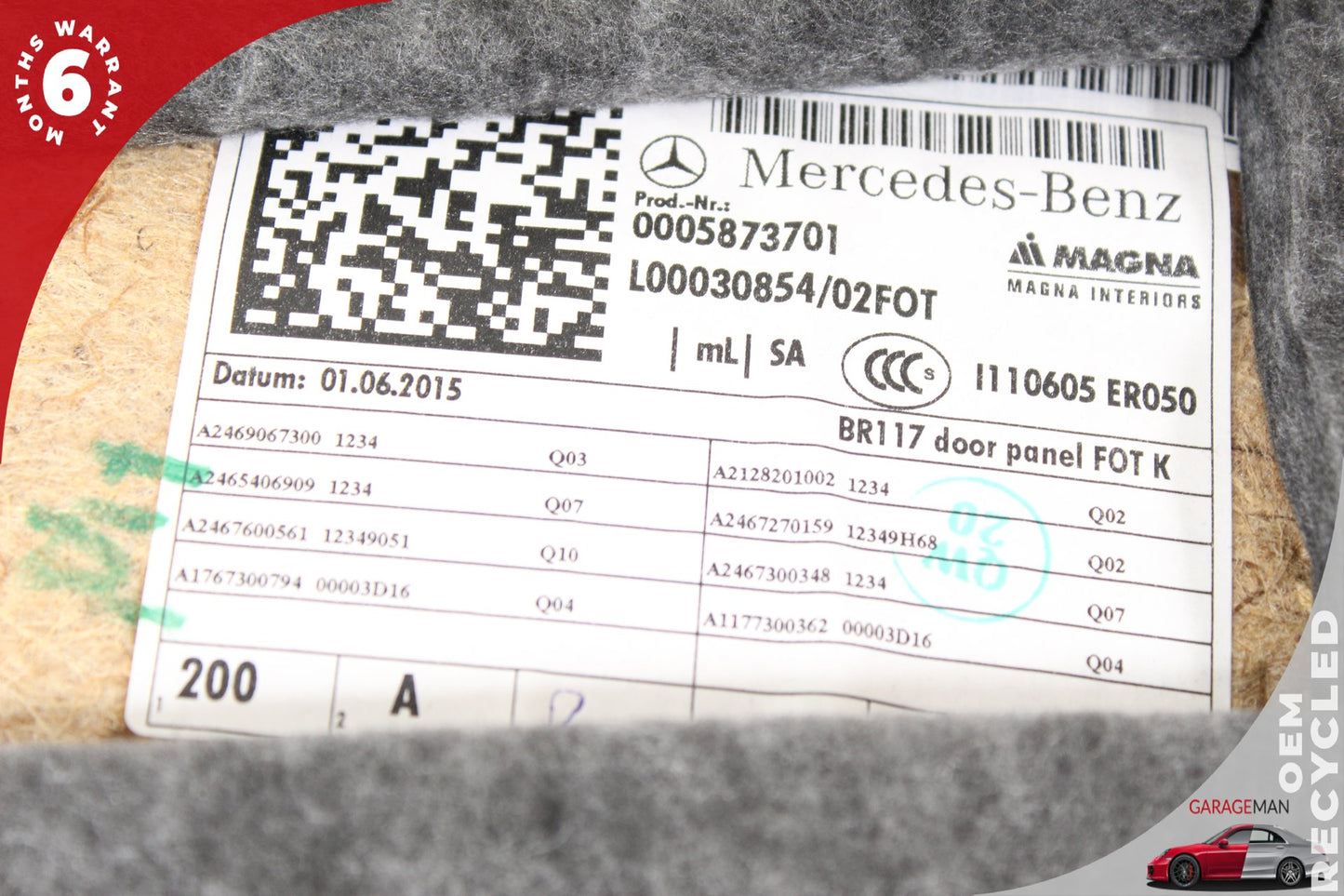 2014-2019 Mercedes W117 CLA45 AMG Rear Left Side Door Trim Panel 2465406809 OEM