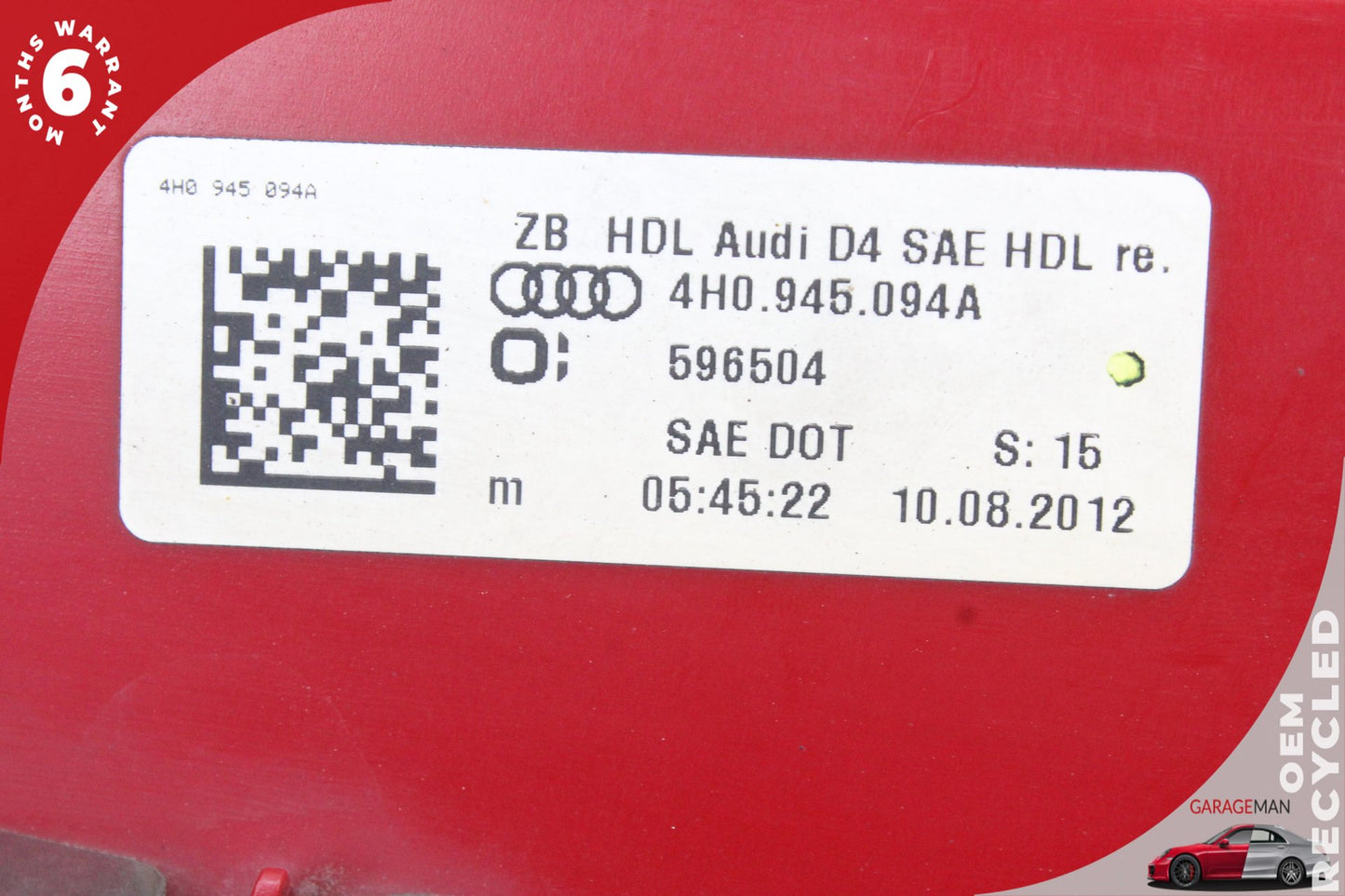 2011-2014 Audi A8 Sedan Rear Right Inner Tail Light Lamp 4H0945094