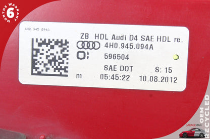 2011-2014 Audi A8 Sedan Rear Right Inner Tail Light Lamp 4H0945094