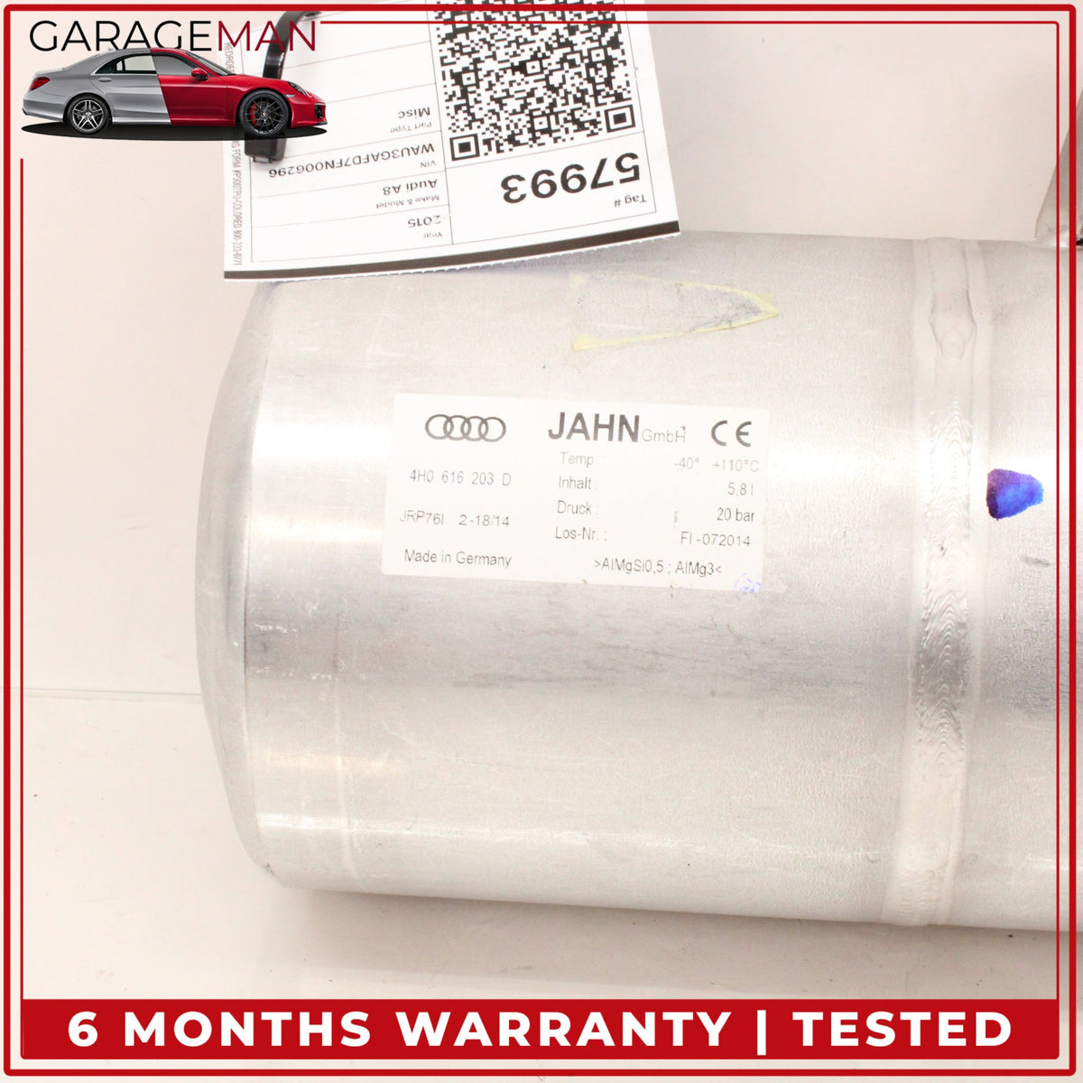 2011-2018 Audi A8 S8 Air Ride Suspension Pressure Tank Reservoir 4H0616203D OEM