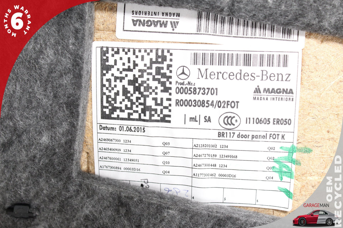 2014-2019 Mercedes W117 CLA45 AMG Rear Right Door Trim Panel 1177300600 OEM